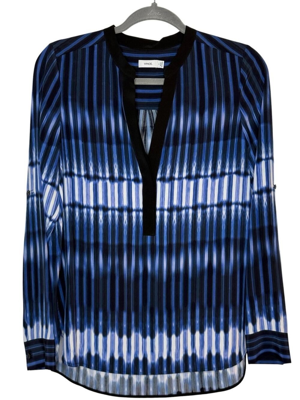 Vince Sz 6 Blue White Striped Monaco Tie-Dye V-Neck Silk Tunic Hi-Low Hem | EUC